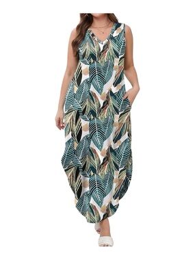 Sampeel Women's Sundress V-Neck, Sleeveless Palm Leaf
Print Maxi Dress Size XXL